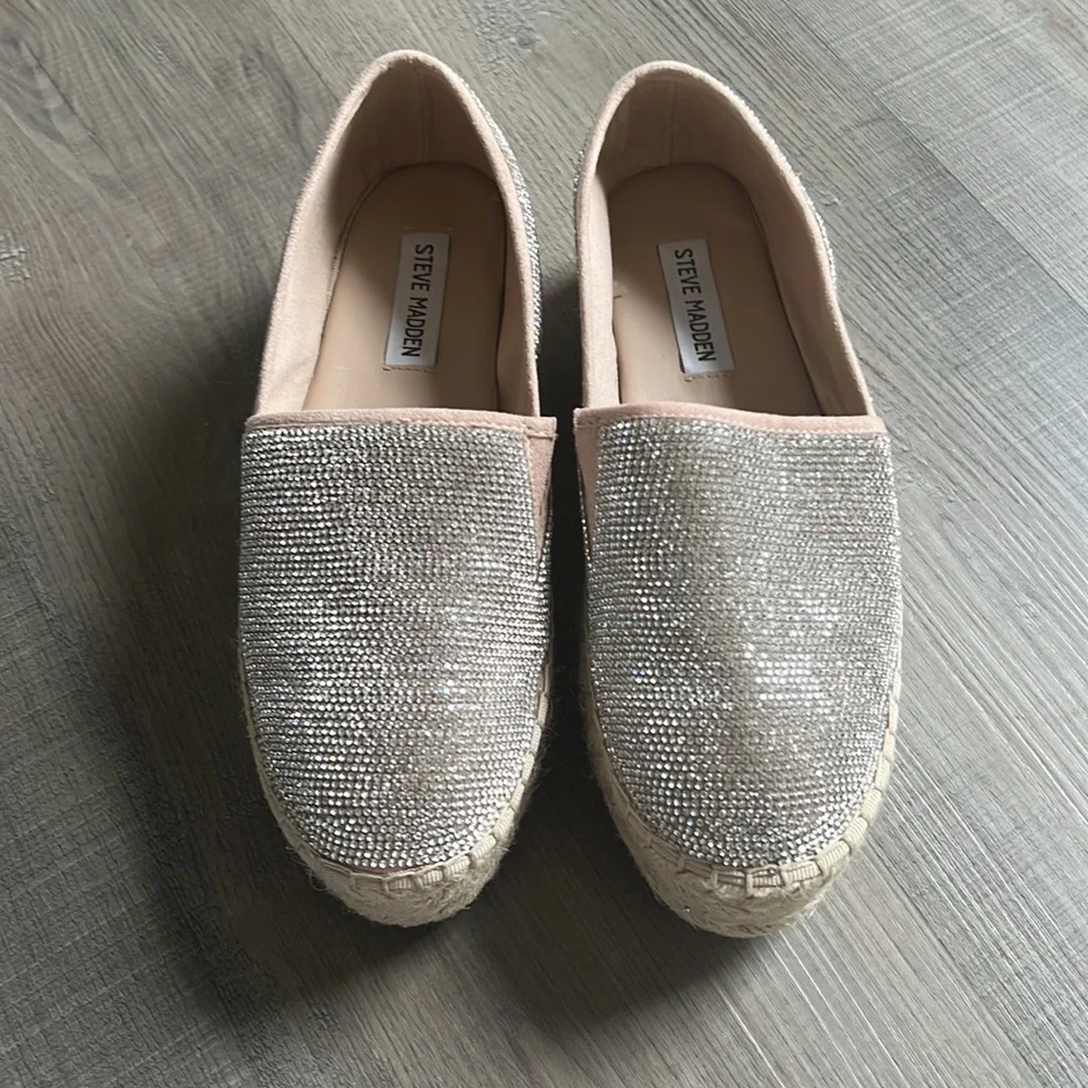 Steve Madden Crystal-Embellished Nude Espadrille Platform Slip-Ons